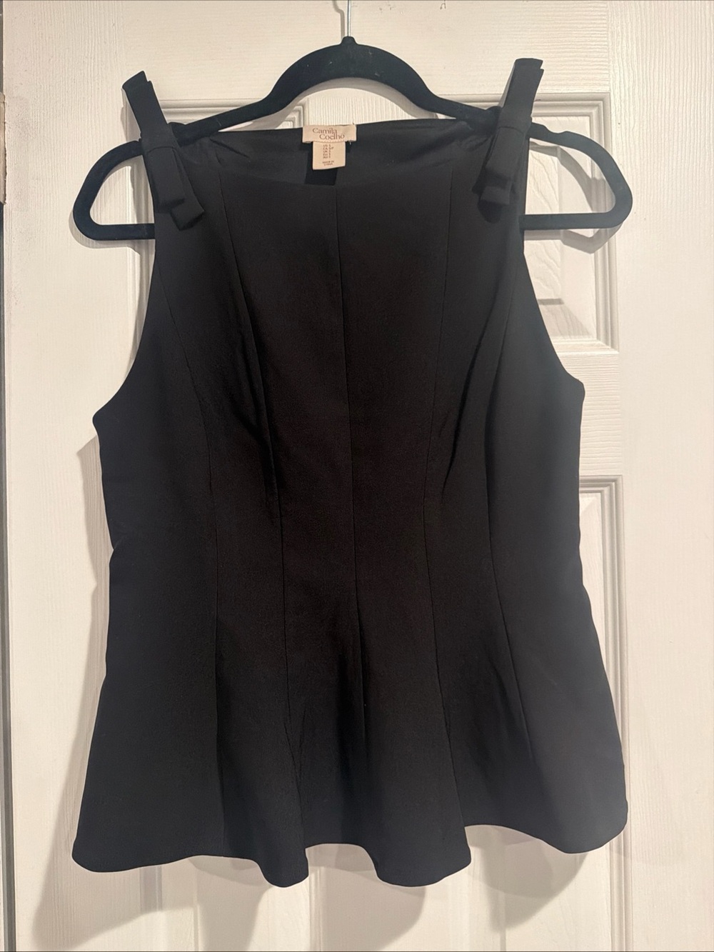 Camila Coelho sculptural sleeveless Black Peplum Camisole with bow-Strap Detail